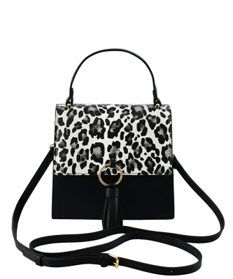 Fashion Ring Tassel Flap Crossbody Satchel PF706  BLACK SNOW LEOPARD/